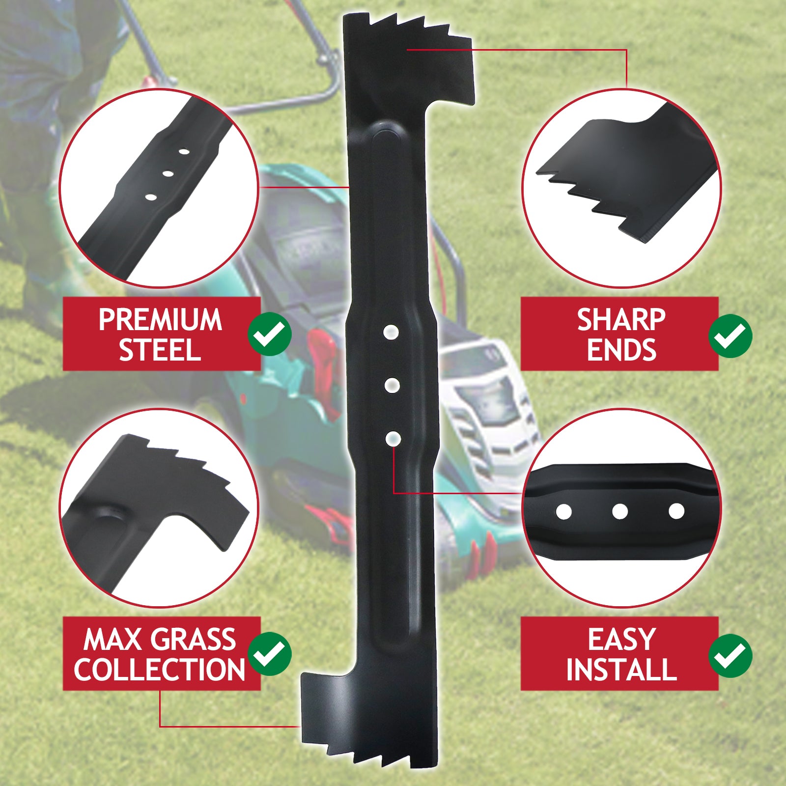 Metal Blade for Bosch Rotak 43 Ergoflex 430 Ergo-Power 1800-43 Lawnmower (43cm) + Drill Sharpener Attachment