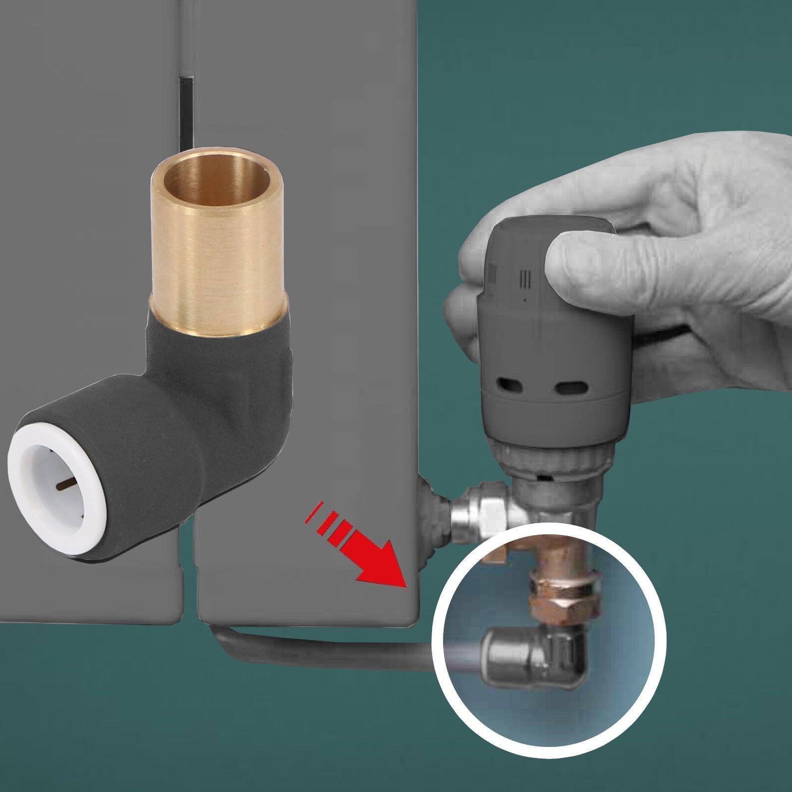 Radiator Valve Reducing Elbow Stem Compression 15mm x 10mm Pushfit Black 2 x Valves