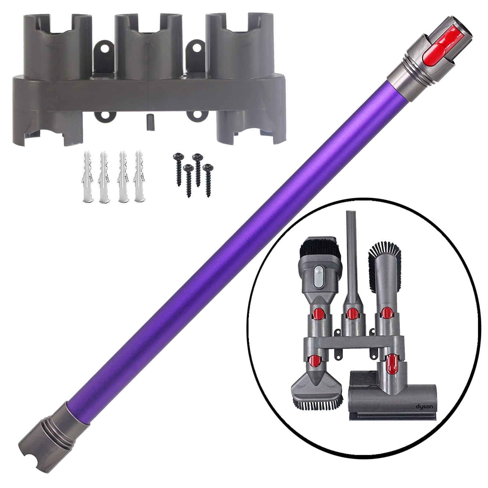 Purple Rod Wand Tube Pipe for Dyson V7 SV11 Vacuum + Wall Mount Tool Holder Rack