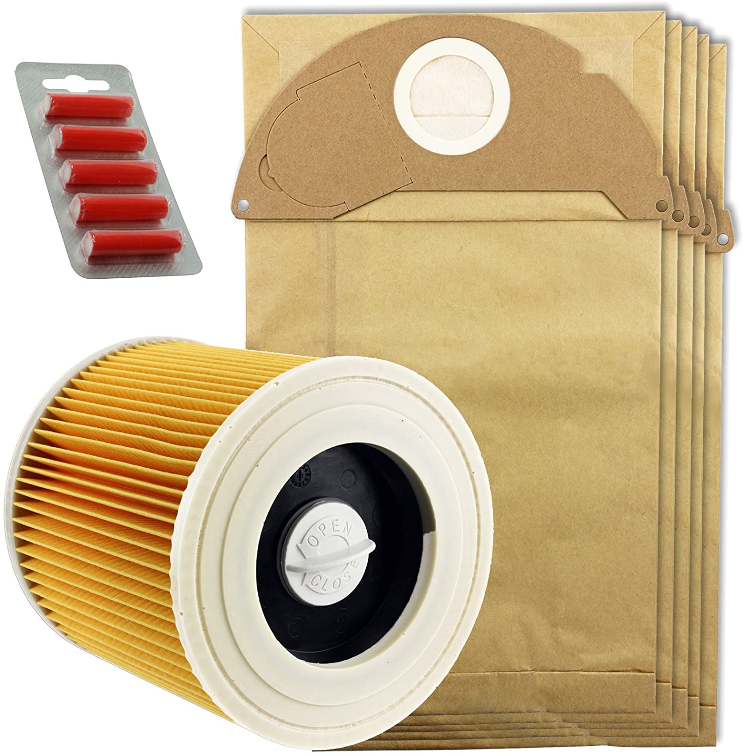 KARCHER Wet & Dry Vacuum Hoover Filter + Dust Bags Spare Part A2000 A2014 (5Pk + Fresheners)