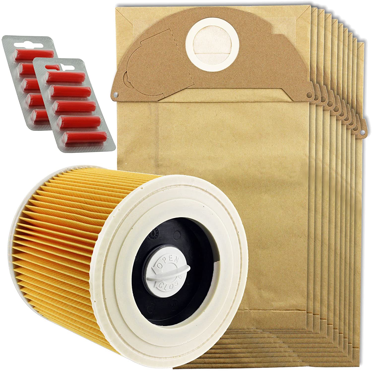 Karcher Wet and Dry Vacuum Filter Cartridge + 10 Hoover Bags WD2250 WD2.250 + Fresheners