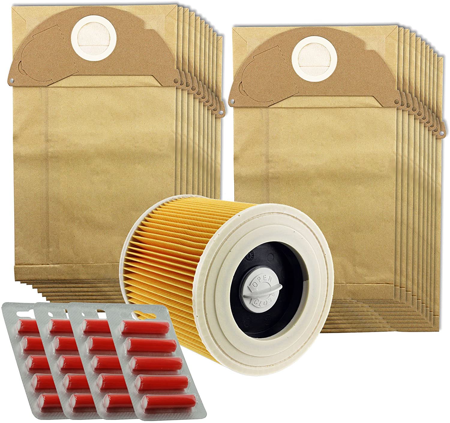 Karcher Wet and Dry Vacuum Filter Cartridge + 20 Hoover Bags MV2 A2024PT A2054 + Fresheners