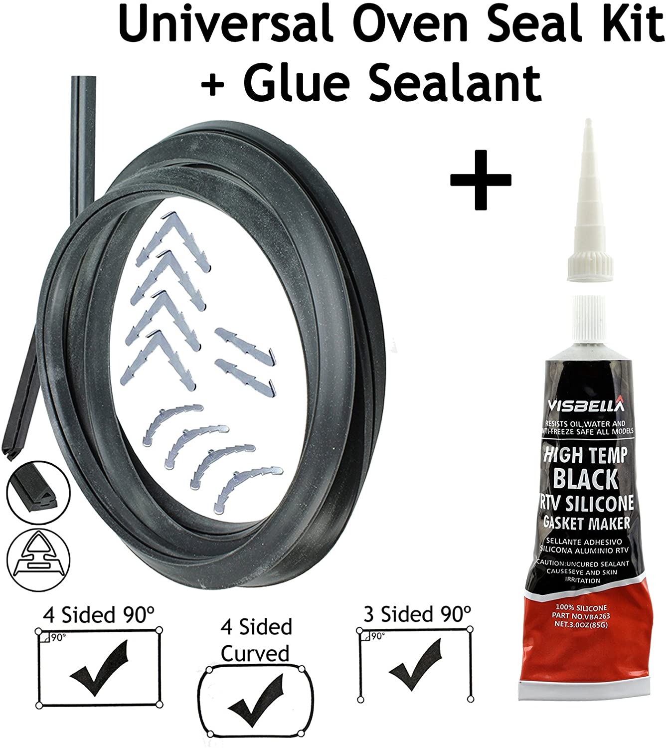 Door Seal + Silicone Glue for BRANDT Oven Cooker 3m Cut to Size (3 & 4 sided, Rounded + 90º Clips)