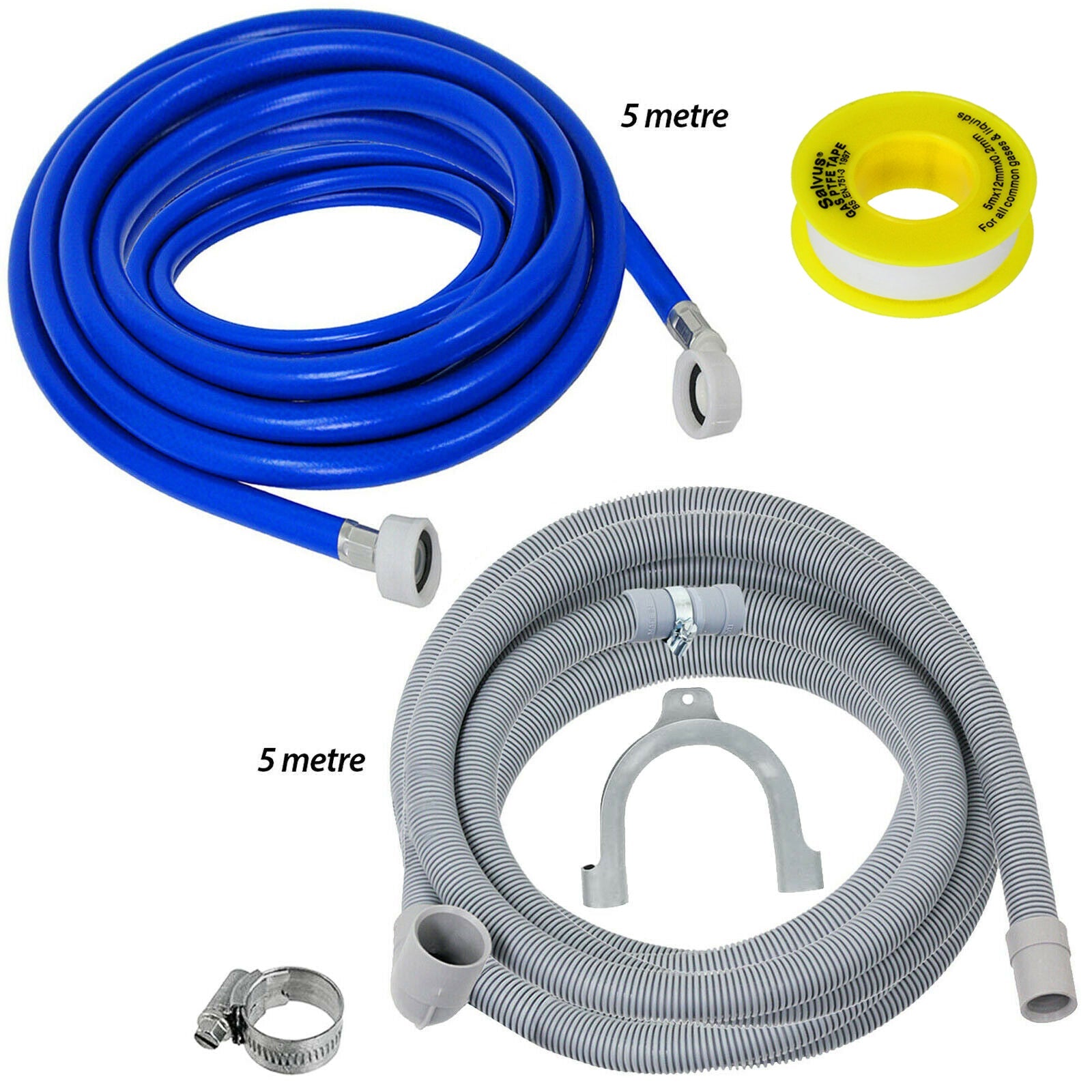 Fill Hose + Drain Hose Extension Set for BELLING STOVES NEW WORLD Washing Machine & Dishwasher 5m + 5m (+ PTFE Tape)