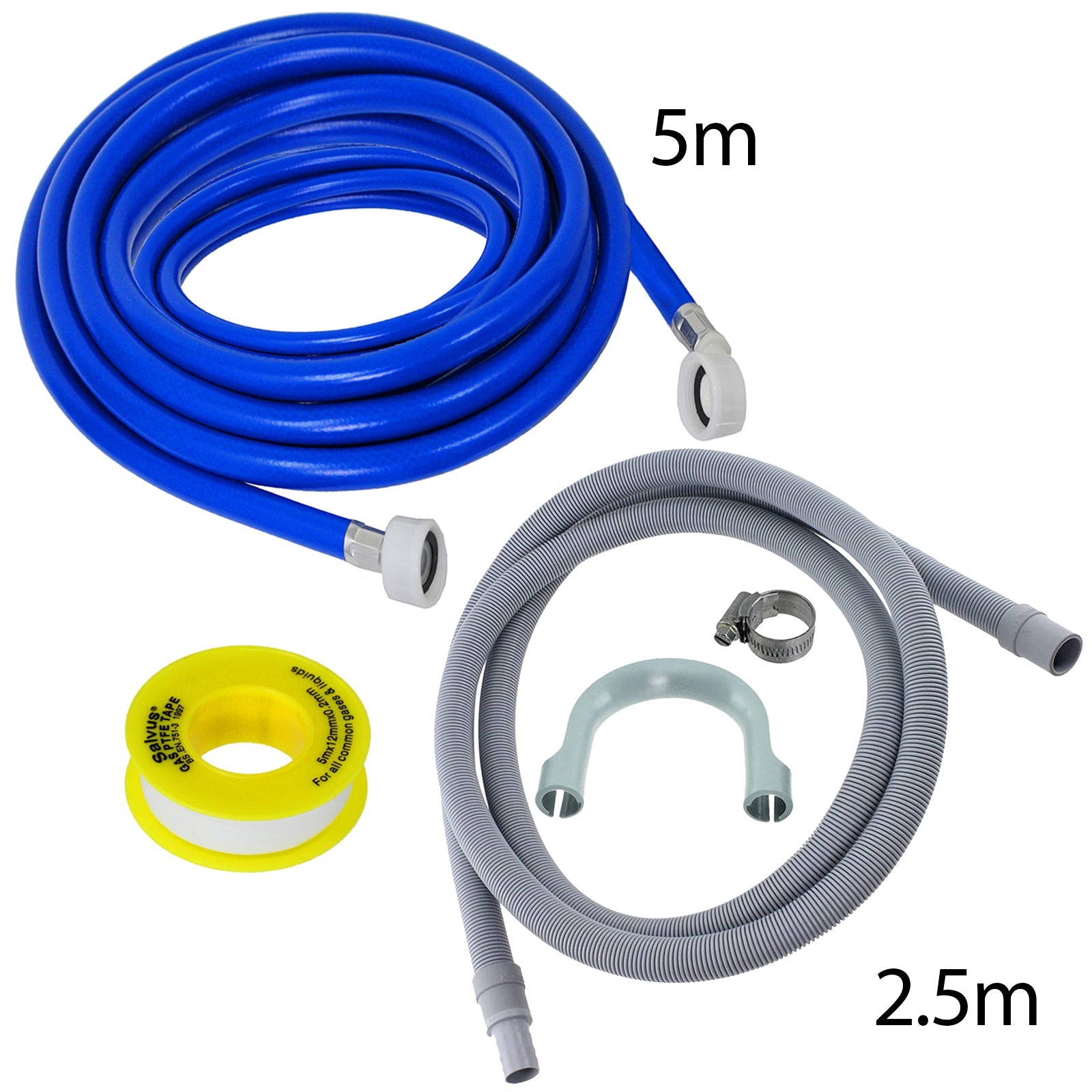 Fill Hose + Drain Hose Extension Set Universal Washing Machine Dishwasher Long 2.5m + 5m (+ PTFE tape)