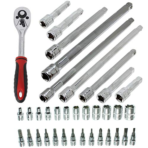27 Piece 1/4" Ratchet Wrench Socket & Driver Bit Wobble Extension Bar Set