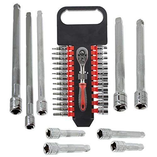 27 Piece 1/4" Ratchet Wrench Socket & Driver Bit Wobble Extension Bar Set