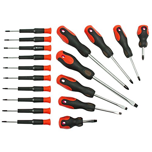 18 Piece Large and Small Precision Screwdriver Set (Phillips, Pozi, Flat, Slotted, Torx + Wall Mountable Bracket)