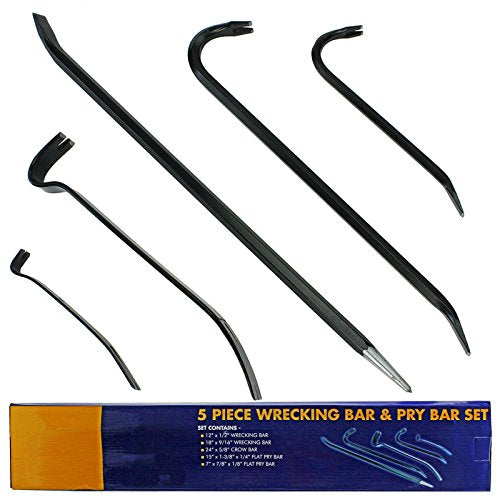 5 Piece Crowbar, Long Wrecking Rod & Flat Pry - Crow Bar Set.