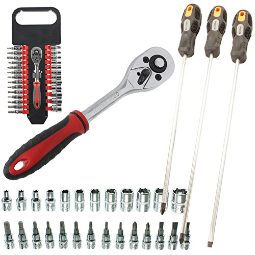 Extra Long 25cm Phillips Screwdriver + 27 Piece Ratchet Wrench + Socket Bit Set