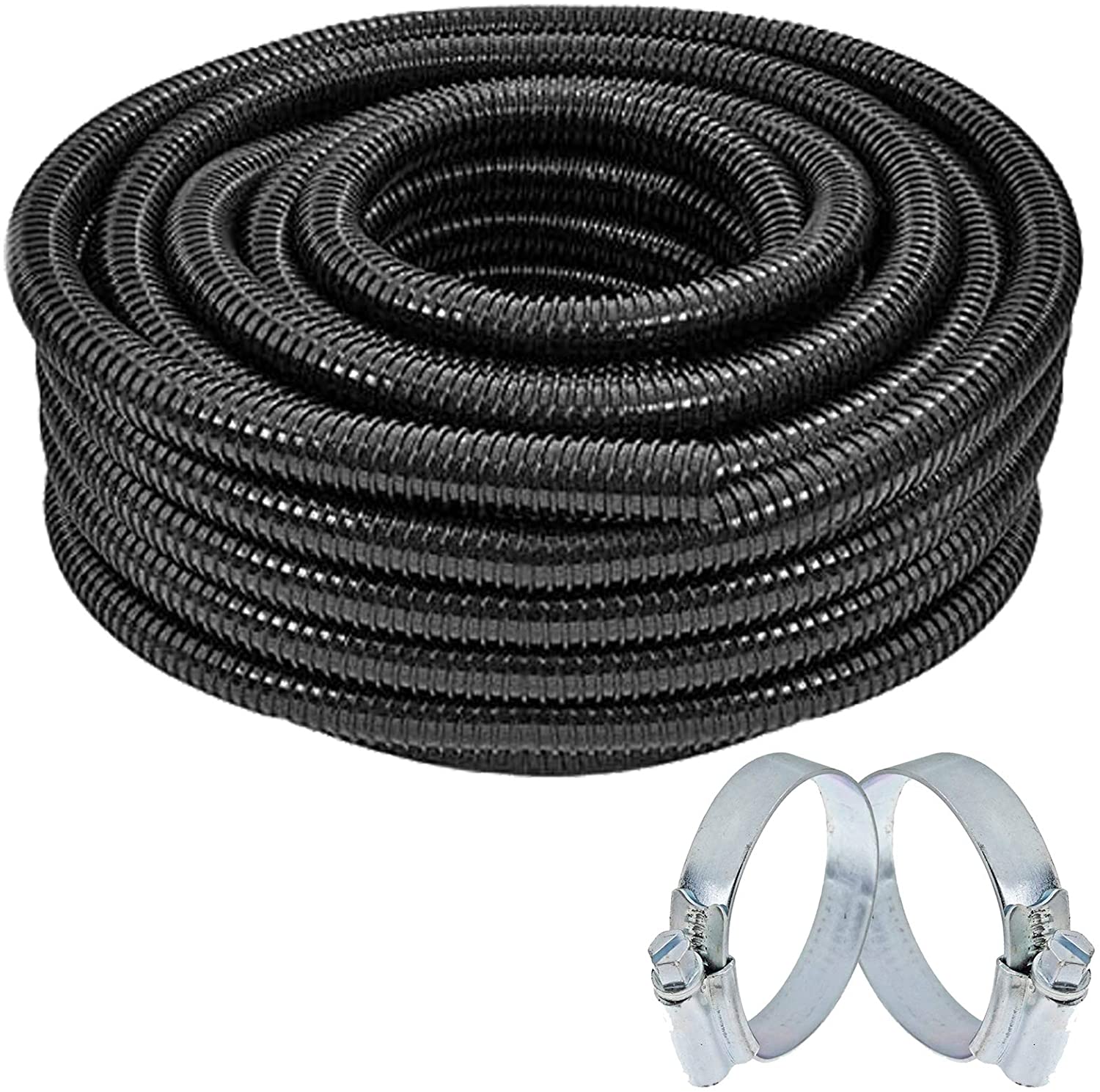 Marine Pond Hose Flexi Pump Corrugated Pipe + 2 Clamp Clips (25mm, 10m)