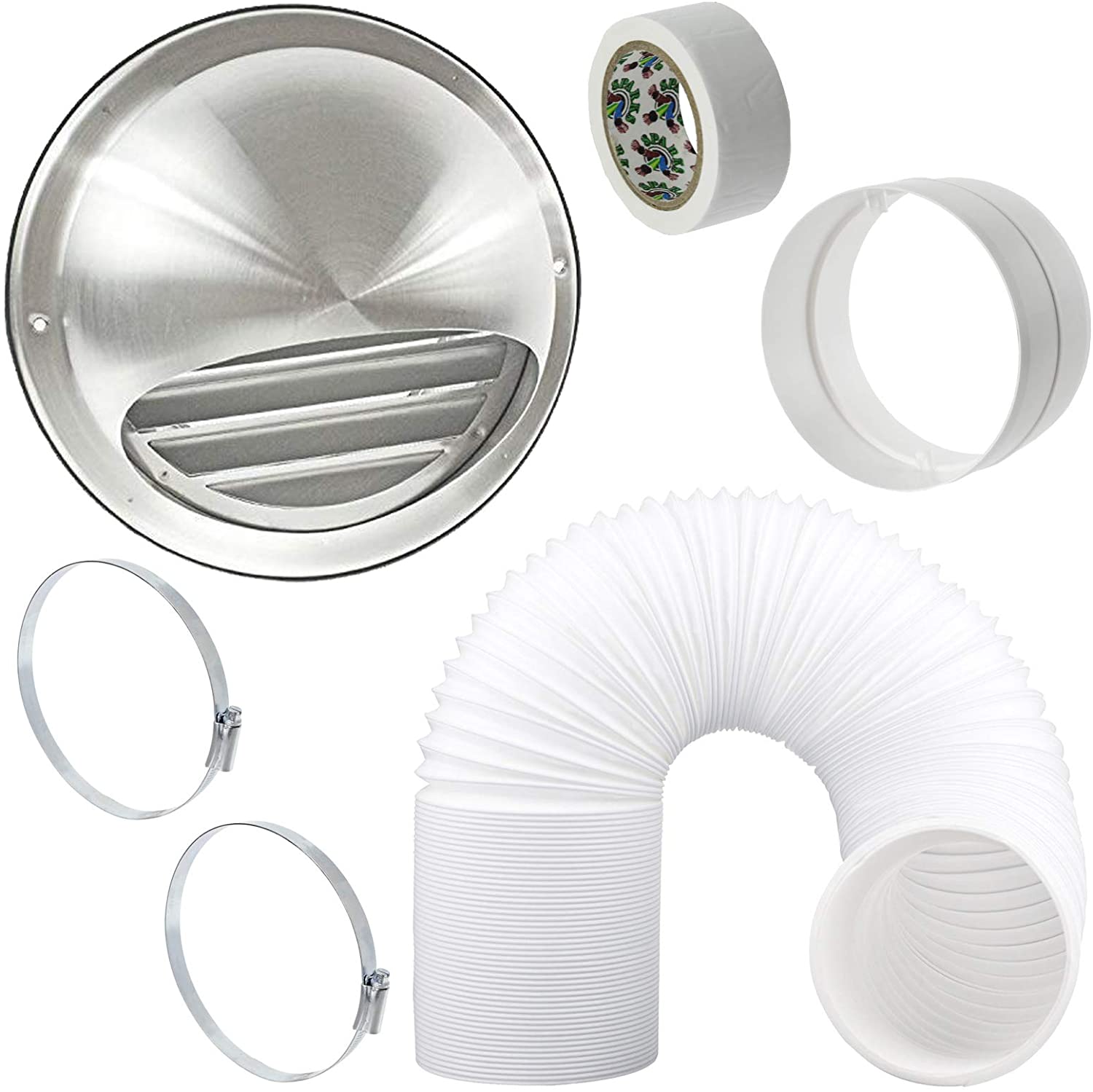 UNIVERSAL Bull Nose Wall Outlet Kit & Extension Hose for Vented Tumble Dryer Air Conditioning Cooker Hood (5" x 3m, Stainless Steel)