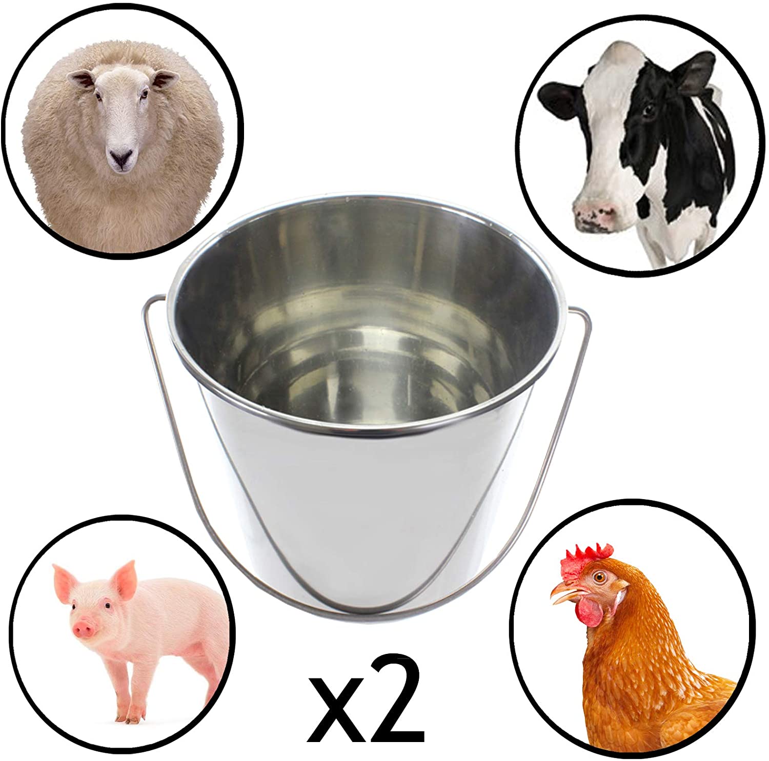 Water Bucket, 2 Buckets for Farm Animal, Cattle Livestock Chickens