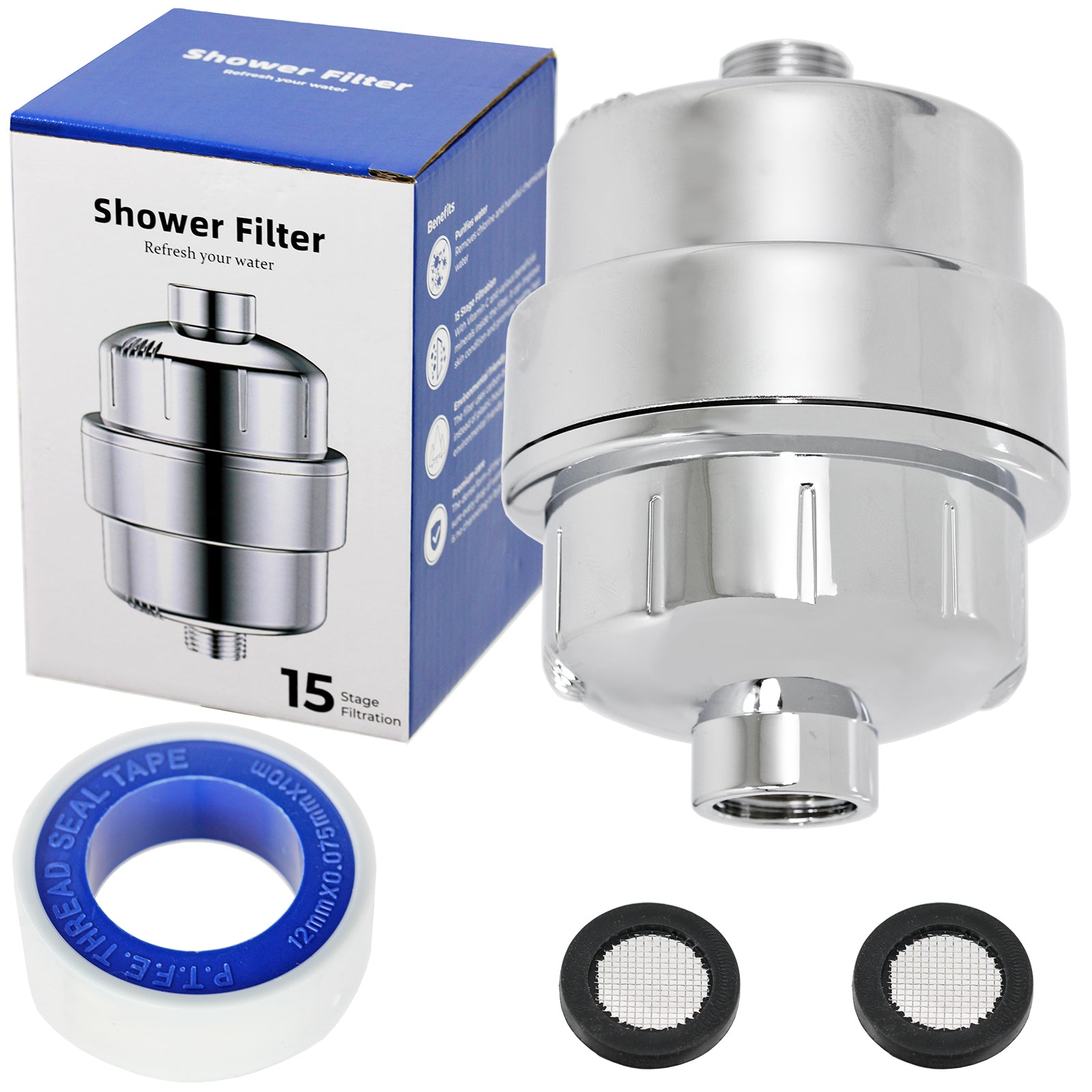 UNIVERSAL Shower Head Filter Chrome Steel Effect Hard Water Purifier Softener (Pack of 2)