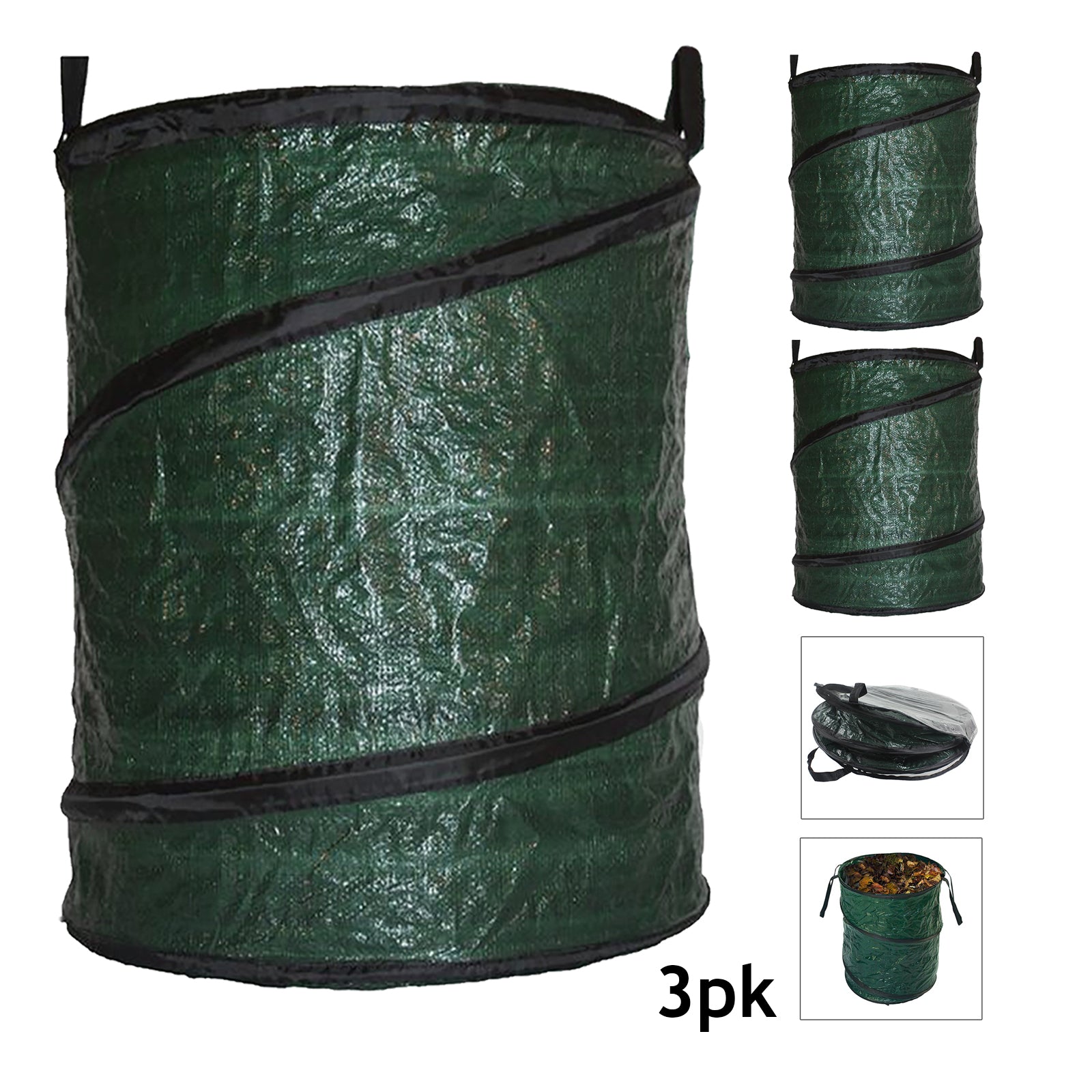 Collapsible Garden Bag Large Reusable Carry Handles Waste Bin Refuse Sack 90L x 3