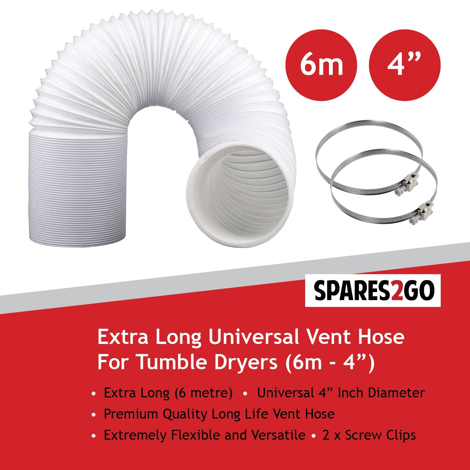 Extra Long Vent Hose & Screw Clips Kit for Logik Tumble Dryer (6 Metre, 100mm Diameter)