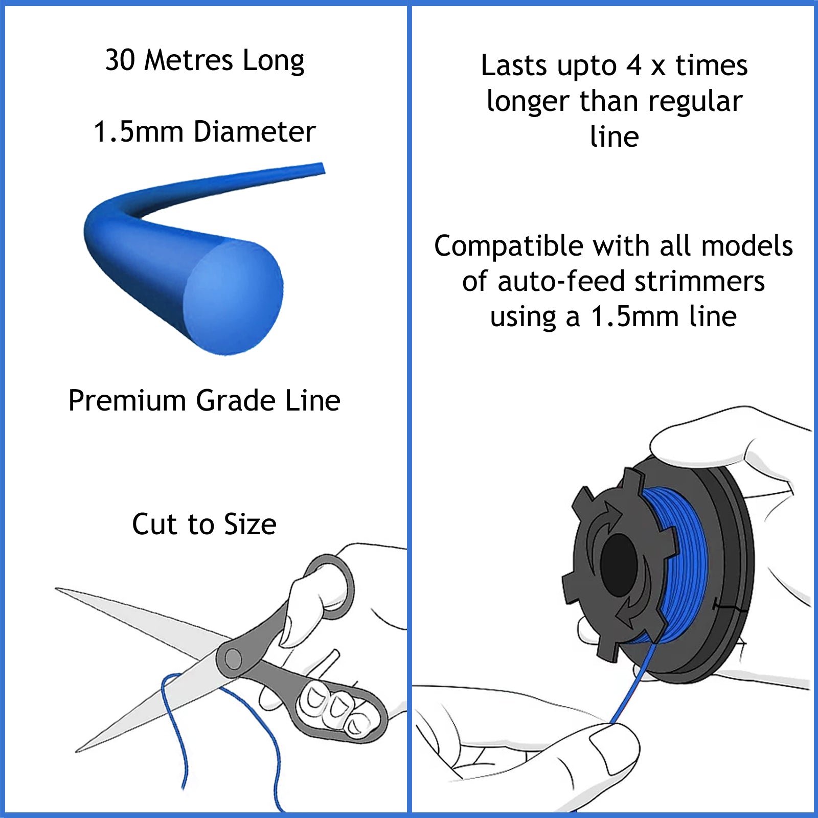 Trimmer Strimmer Line Spool Refill Cord 30m x 1.5mm Universal Blue Auto-Feed