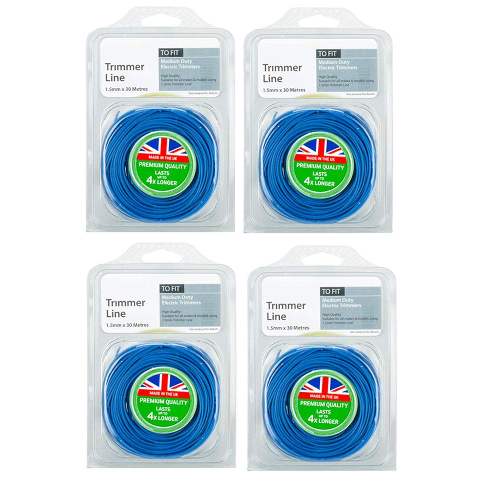 Trimmer Strimmer Line Spool Refill Cord 4 x 30m x 1.5mm Universal Blue Auto-Feed