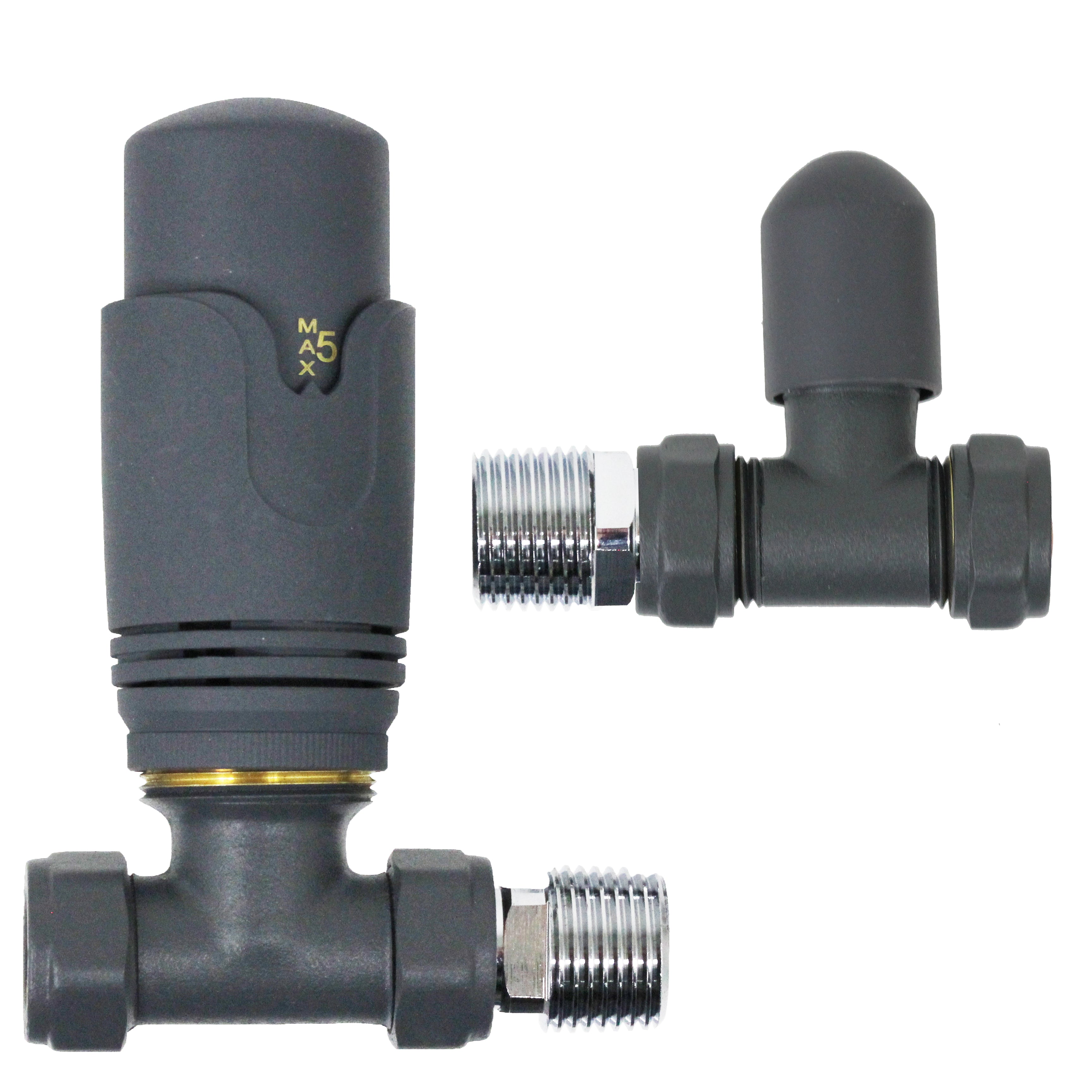 Anthracite Thermostatic Radiator Valve Set Angled Inline 15mm x 1/2" TRV