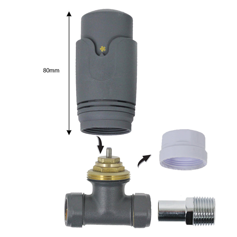 Anthracite Thermostatic Radiator Valve Set Angled Inline 15mm x 1/2" TRV