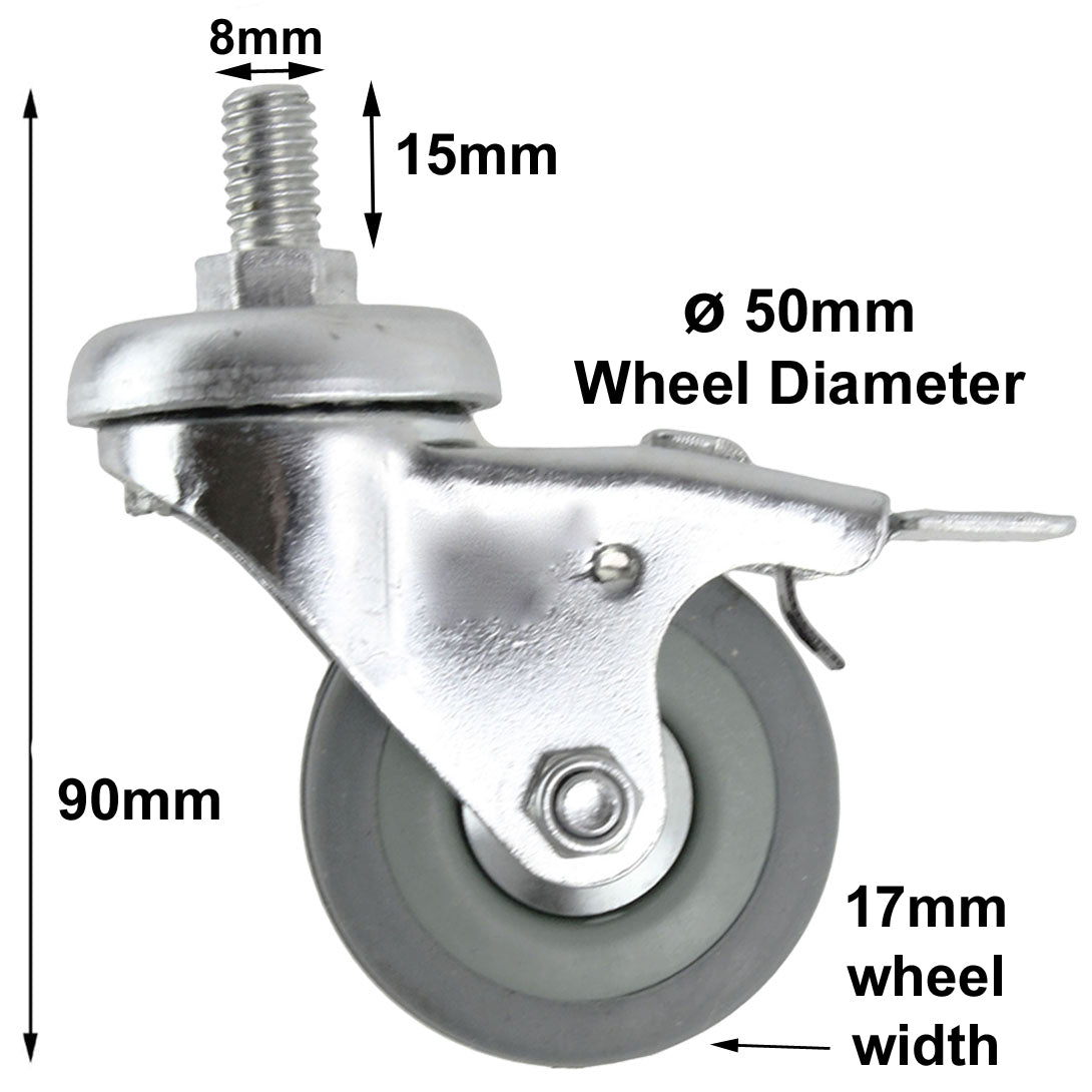 Universal 50mm M10 Threaded Castor Wheels Swivel Braked Non-Marking Caster (Pack of 4 + Bolts)