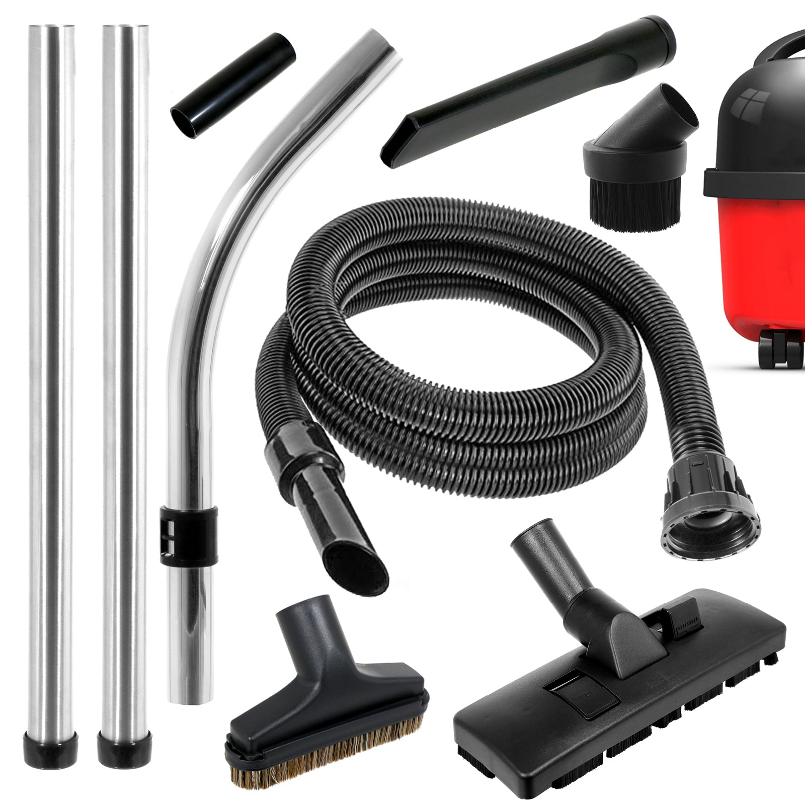 A collection of vacuum cleaner accessories including a hose, two extension rods, a bent end handle, various brush tools, and a tool adaptor for Numatic Henry Vacuum Cleaner