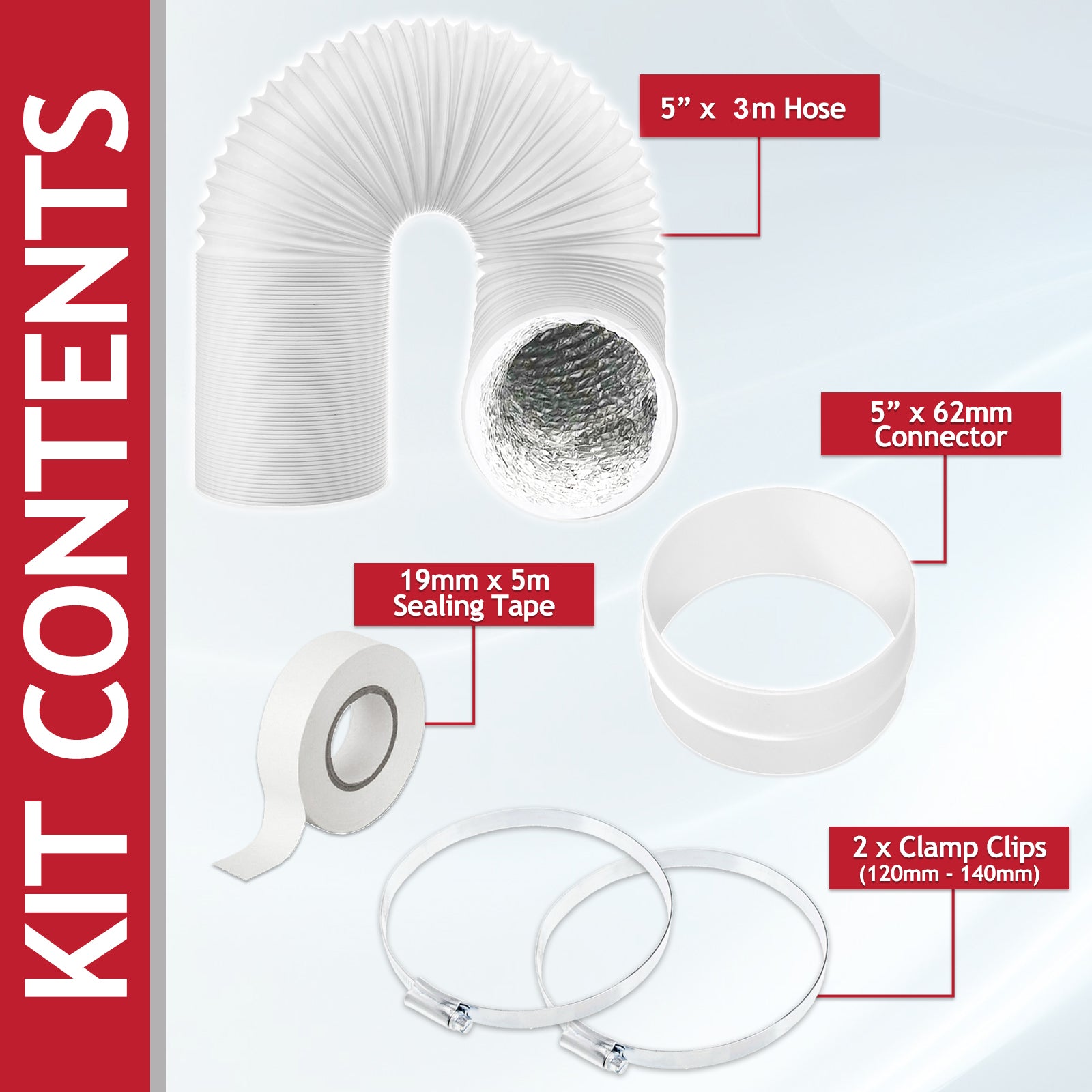 UNIVERSAL Cooker Hood Vent Hose Extractor Pipe Insulated Extension Pipe + Clips 3m 125mm 5"