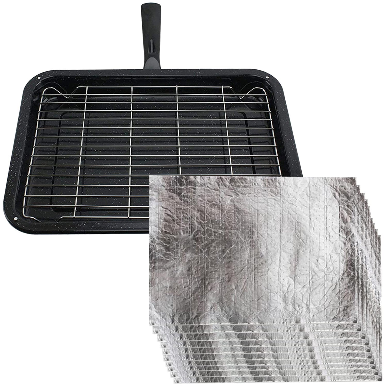 UNIVERSAL Small Grill Pan Rack and Detachable Handle for Oven Cooker + 10 Protective Fat/Grease Absorbent Foil Pads