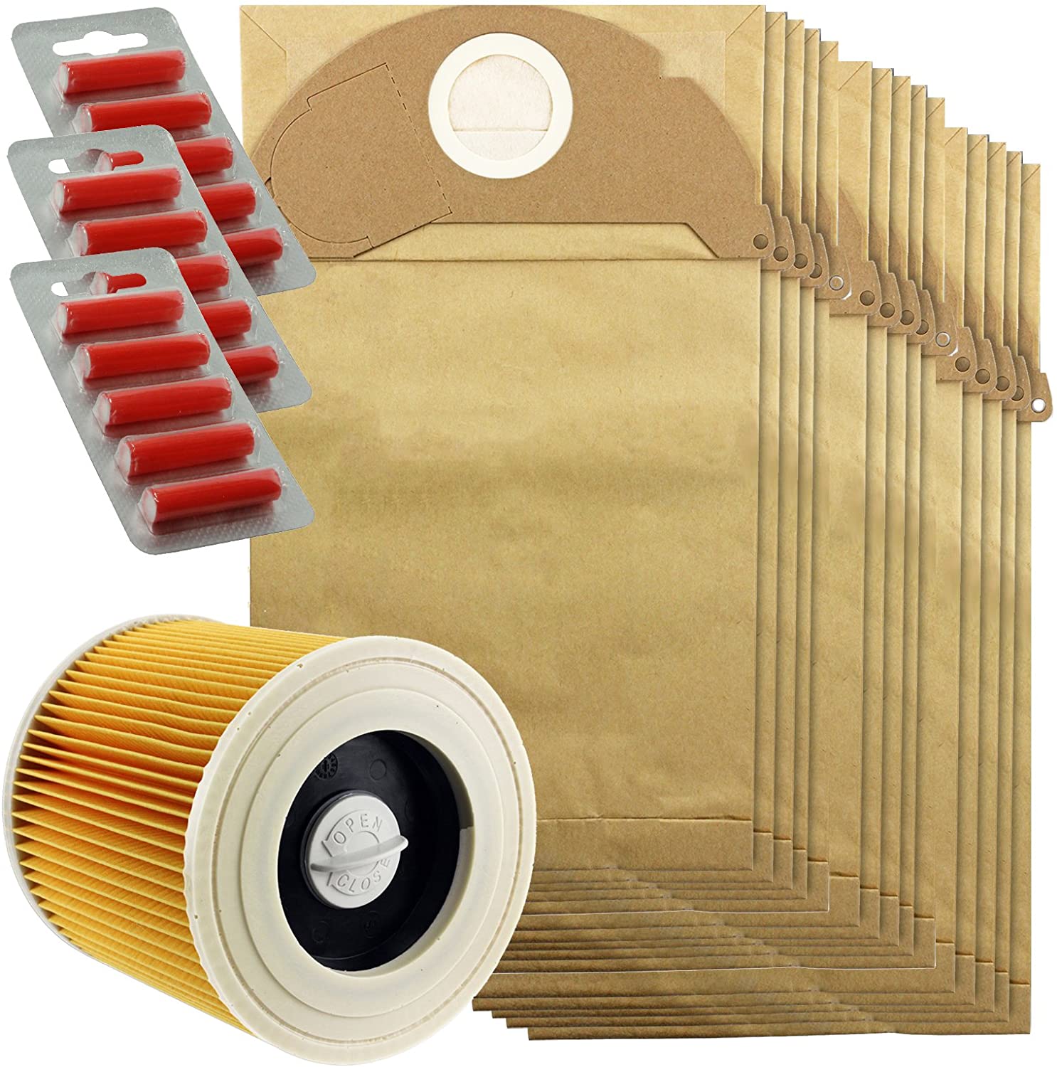 Karcher Wet & Dry Vacuum Hoover Filter + Dust Bags Spare Part A2000 A2014 (15Pk + Fresheners)