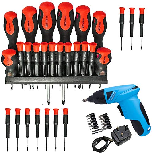 32 Piece Complete Magnetic Precision 4.8v Screwdriver Bit Tool Set + Cordless Rechargeable Electric Screwdriver