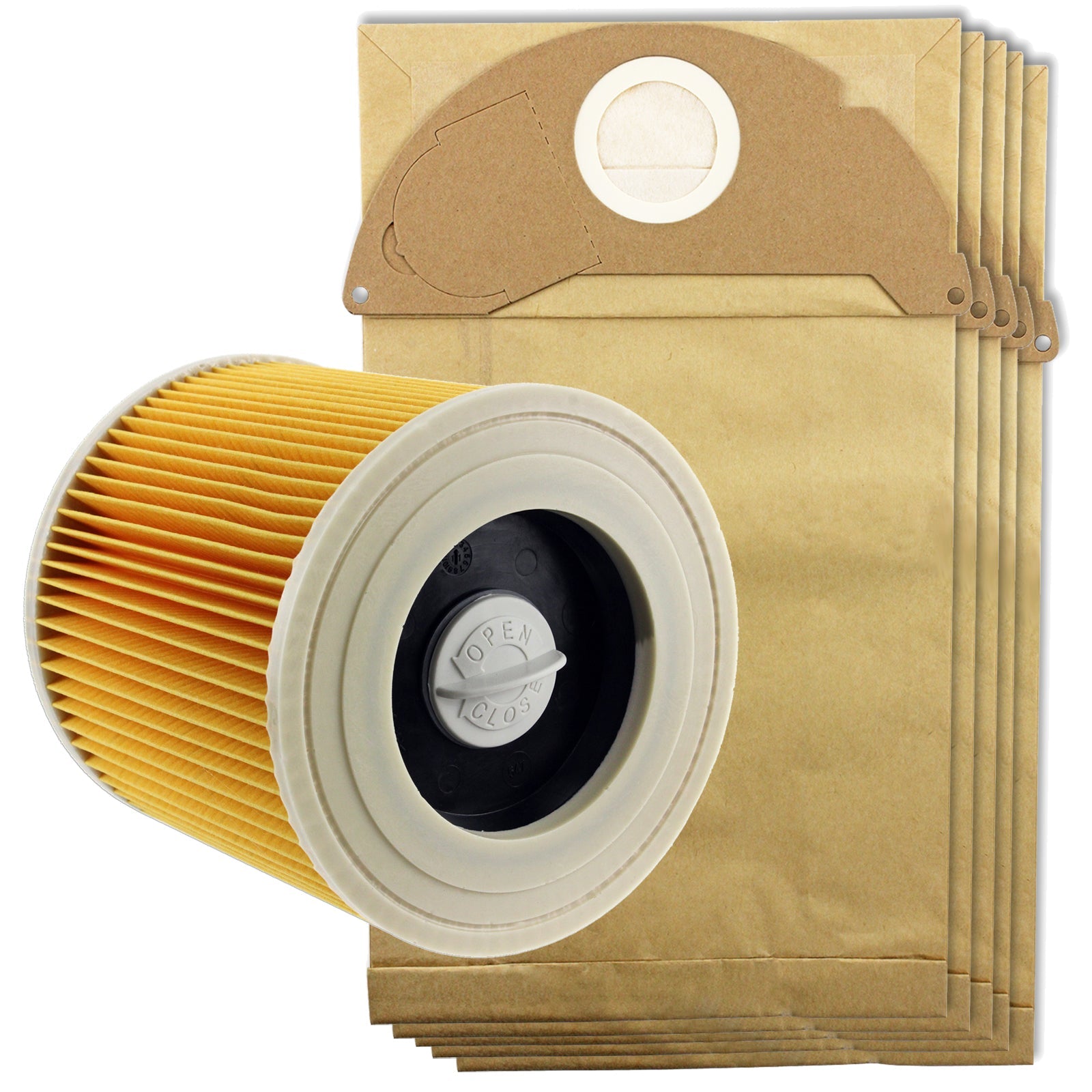 KARCHER Wet & Dry Vacuum Hoover Filter Cartridge + 5 Pk Dust Bags WD2200 WD2240