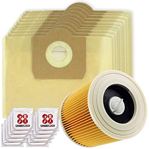 Vacuum Cleaner Dust Bags + Filter Cartridge for Karcher WD3 WD3P MV3 Wet & Dry (Pack of 10 + Filter + Freshener Tabs)