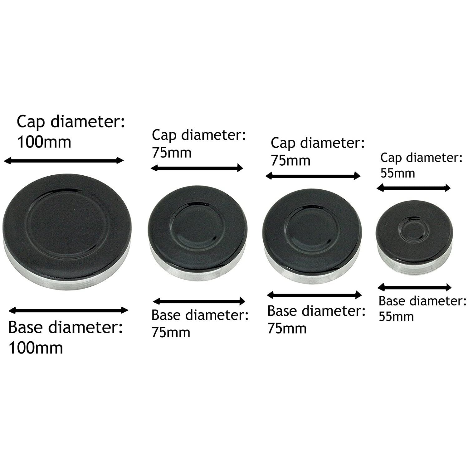 Non Universal Oven Cooker Hob Gas Burner Crown & Flame Cap Kit for DELONGHI - Small, 2 Medium & Large, 55mm - 100mm