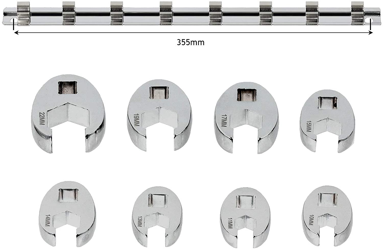 Wrench Set 3/8" Drive Head Crows Foot Metric (8 Piece - 10mm 11mm 13mm 14mm 15mm 17mm 19mm 22mm)