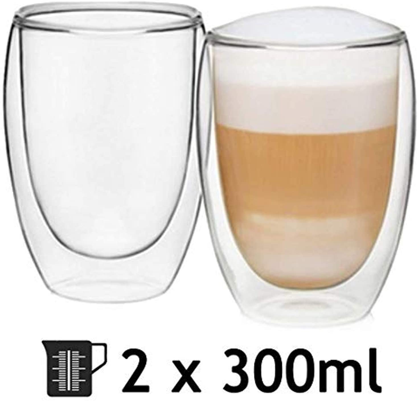 Double Walled Thermal Coffee Glass Tumbler Latte Cappuccino Cup Glasses 300ml x2