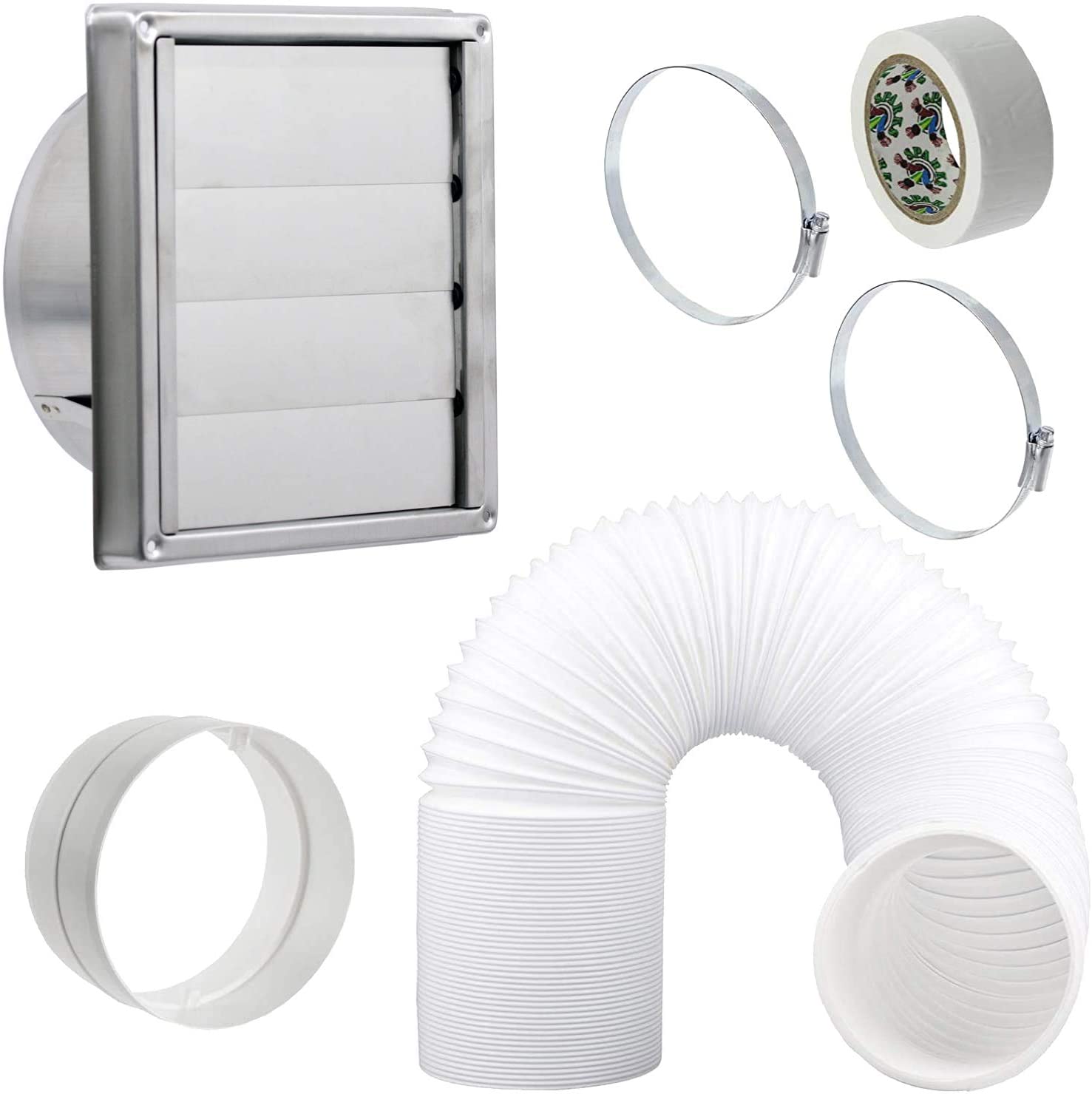 UNIVERSAL Square Exterior Wall Outlet Kit with Gravity Flaps & Extension Hose for Vented Tumble Dryer Air Conditioning Cooker Hood (5" x 3m, Stainless Steel)