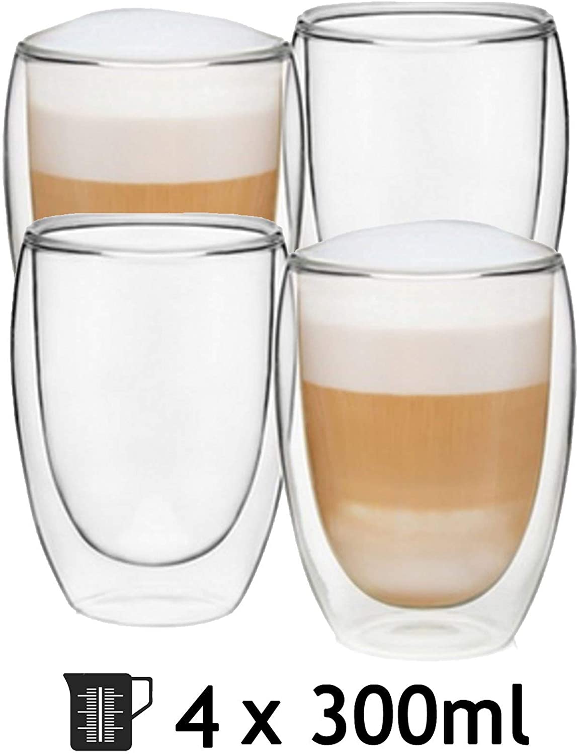 Double Walled Thermal Coffee Glass Tumbler Latte Cappuccino Cup Glasses 300ml x4