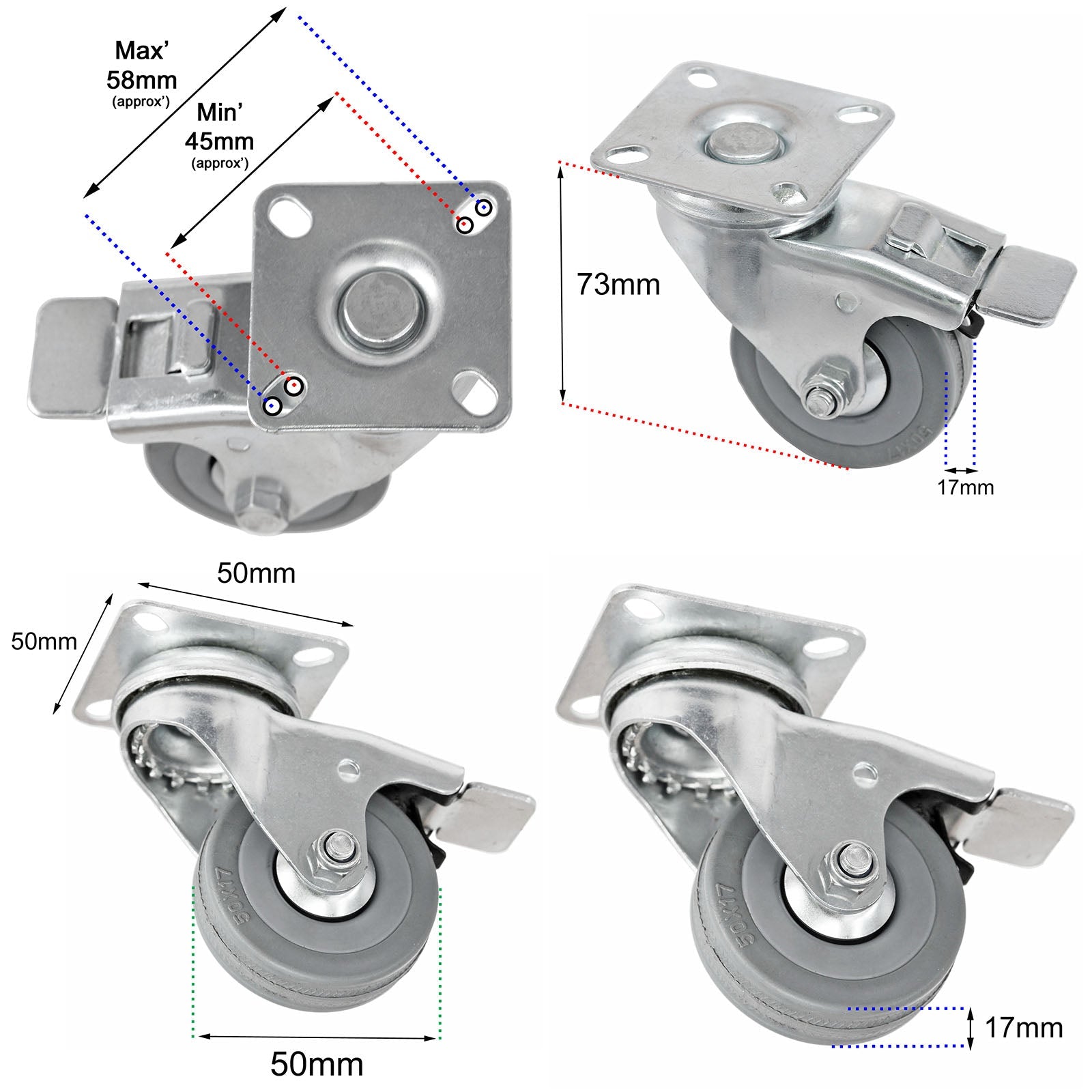 50mm Castor Wheel Trolley Furniture Swivel Caster Small Heavy Duty Braked