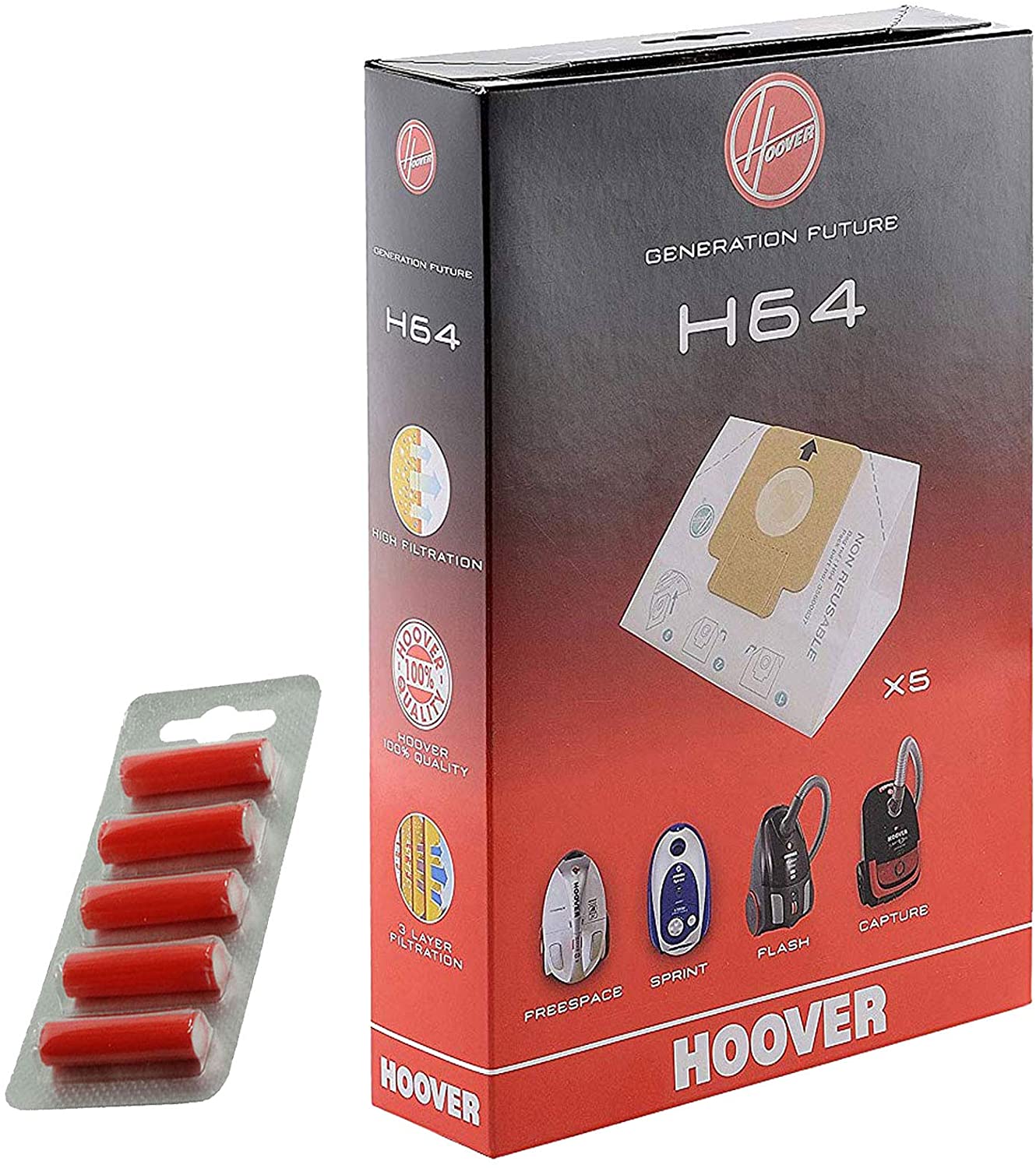 HOOVER Vacuum Cleaner H64 Dust Bag Genuine Freespace Sprint Flash Capture Cylinder 09200245 + 5 Fresheners