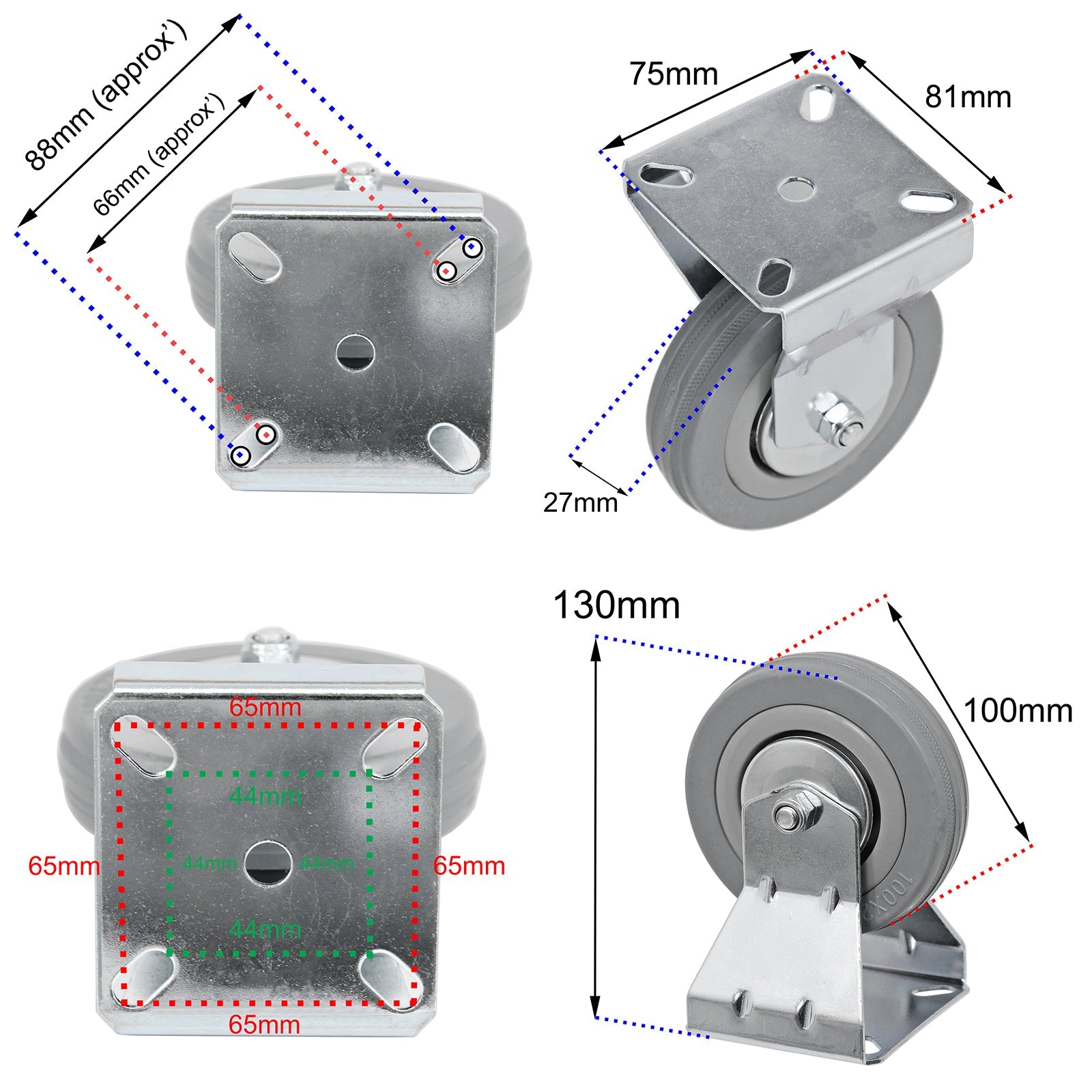 Castor Wheel Trolley Caster Large Rubber 100mm Fixed Plate Metal 80kg + Screws