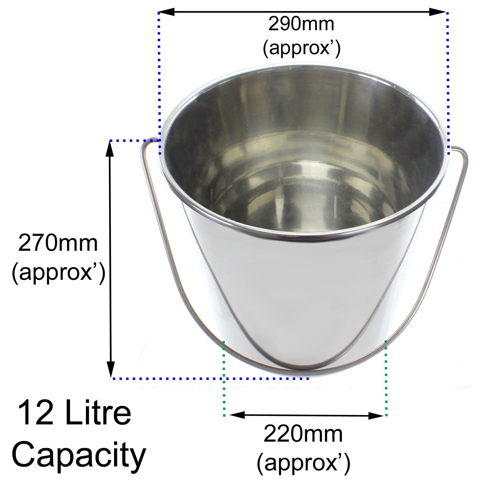 12 Litre Stainless Steel Handled Pail Bucket (Silver)