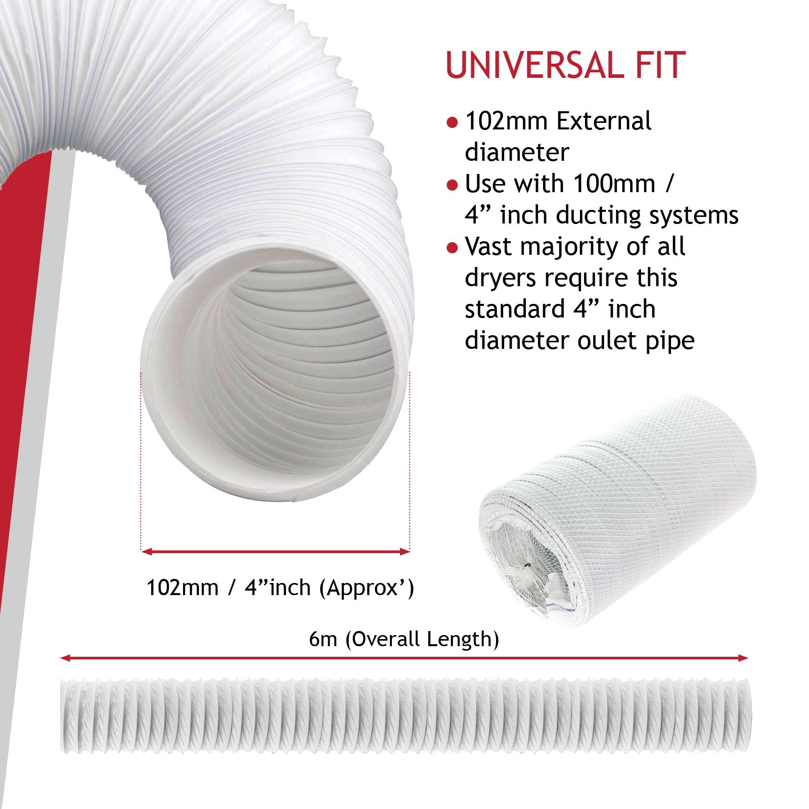 Extra Long Vent Hose & Screw Clips Kit for John Lewis Tumble Dryer (6 Metre, 100mm Diameter)