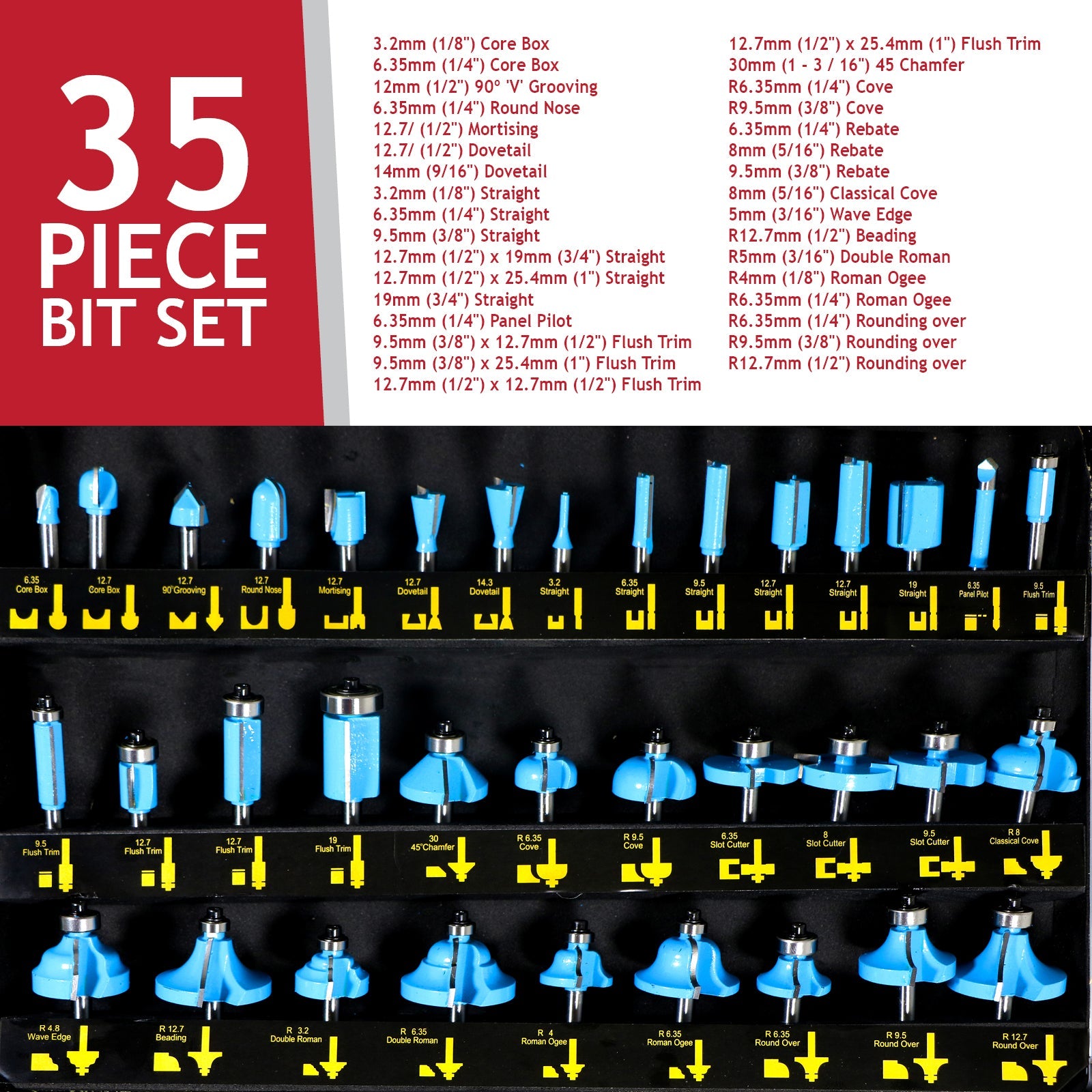 Tungsten Carbide Tipped Router Bit Set (35 Pieces, 6.35mm 1/4'' Shank + Alloy Case)